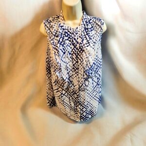 Cabi  Blue Floral Print Semi Sheer Short Sleeve Blouse Large M